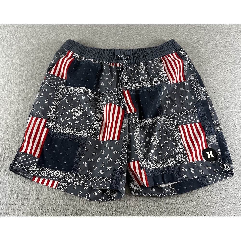 Hurley Shorts Mens L Black Paisley Swim Trunks Pockets Drawstring Beach Hybrid
